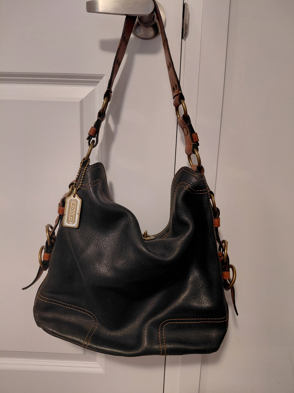 Coach Black Leather Hobo Tote with Brown Strap Accents